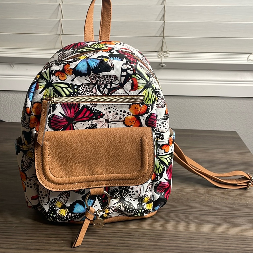 Rosetti Multicolor Butterfly Print Backpack with Tan Accents